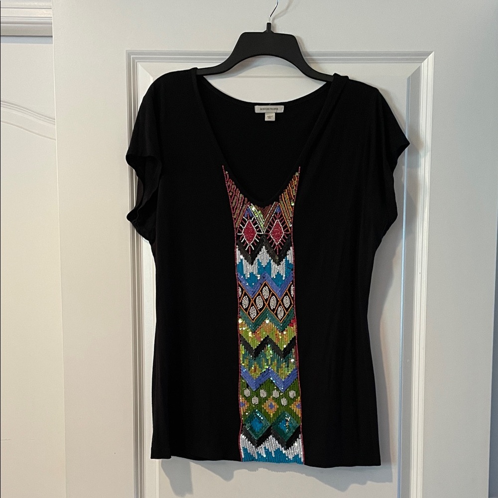 Boston Proper Black V-Neck Top with Vibrant Pattern